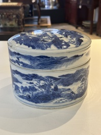 A rare Chinese blue and white cylindrical box and cover for the Thai or Vietnamese market, Jin Tang Fa Ji 錦堂發記 mark, Daoguang