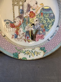 An extremely fine pair of Chinese famille rose ruby-back eggshell plates with a lady and playing boys, Yongzheng