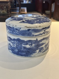 A rare Chinese blue and white cylindrical box and cover for the Thai or Vietnamese market, Jin Tang Fa Ji 錦堂發記 mark, Daoguang