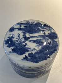 A rare Chinese blue and white cylindrical box and cover for the Thai or Vietnamese market, Jin Tang Fa Ji 錦堂發記 mark, Daoguang