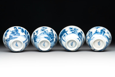 A set of four Chinese blue and white 'Sense of Smell' cups and saucers, artemisia leaf mark, Kangxi