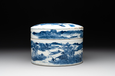 A rare Chinese blue and white cylindrical box and cover for the Thai or Vietnamese market, Jin Tang Fa Ji 錦堂發記 mark, Daoguang