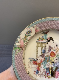 An extremely fine pair of Chinese famille rose ruby-back eggshell plates with a lady and playing boys, Yongzheng