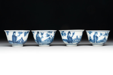 A set of four Chinese blue and white 'Sense of Smell' cups and saucers, artemisia leaf mark, Kangxi