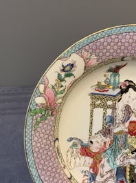 An extremely fine pair of Chinese famille rose ruby-back eggshell plates with a lady and playing boys, Yongzheng