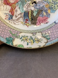 An extremely fine pair of Chinese famille rose ruby-back eggshell plates with a lady and playing boys, Yongzheng