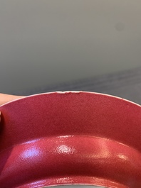 An extremely fine pair of Chinese famille rose ruby-back eggshell plates with a lady and playing boys, Yongzheng