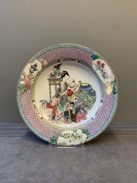 An extremely fine pair of Chinese famille rose ruby-back eggshell plates with a lady and playing boys, Yongzheng