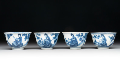 A set of four Chinese blue and white 'Sense of Smell' cups and saucers, artemisia leaf mark, Kangxi