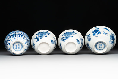 Six Chinese blue and white cups and seven saucers, 18/19th C.