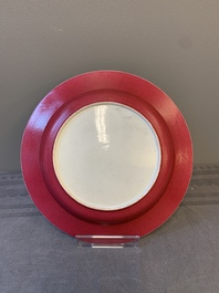 An extremely fine pair of Chinese famille rose ruby-back eggshell plates with a lady and playing boys, Yongzheng