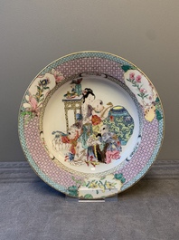 An extremely fine pair of Chinese famille rose ruby-back eggshell plates with a lady and playing boys, Yongzheng