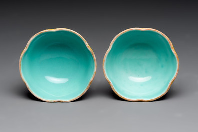 A pair of rare Chinese famille rose lotus-shaped stem cups, Yongzheng