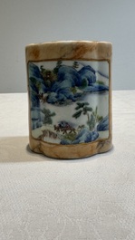 A Chinese famille rose 'faux-marbre' quadrifoil brush pot, Qianlong mark, 19th C.