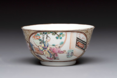 A Chinese Canton famille rose 'mandarin subject' cup and saucer, Qianlong