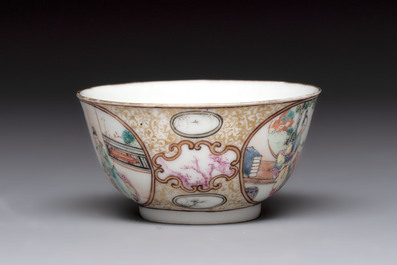 A Chinese Canton famille rose 'mandarin subject' cup and saucer, Qianlong