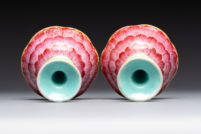 A pair of rare Chinese famille rose lotus-shaped stem cups, Yongzheng