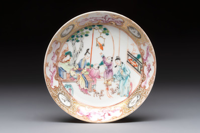 A Chinese Canton famille rose 'mandarin subject' cup and saucer, Qianlong