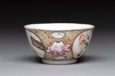 A Chinese Canton famille rose 'mandarin subject' cup and saucer, Qianlong