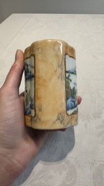 A Chinese famille rose 'faux-marbre' quadrifoil brush pot, Qianlong mark, 19th C.