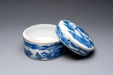 A rare Chinese blue and white cylindrical box and cover for the Thai or Vietnamese market, Jin Tang Fa Ji 錦堂發記 mark, Daoguang
