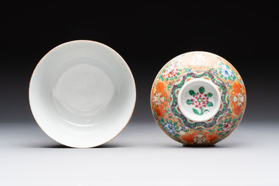 A rare Chinese polychrome orange-ground Bencharong 'Thepphanom' bowl and cover for the Thai market, 19th C.