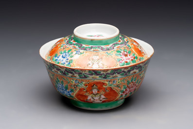 A rare Chinese polychrome orange-ground Bencharong 'Thepphanom' bowl and cover for the Thai market, 19th C.