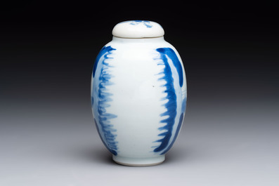 A Chinese blue and white 'ladies playing go' tea caddy and cover, Kangxi