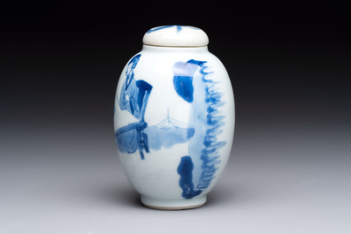 A Chinese blue and white 'ladies playing go' tea caddy and cover, Kangxi