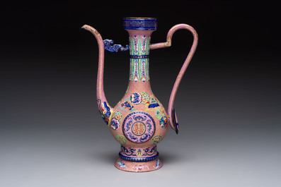 A Chinese Canton enamel blue-ground jug and a rare pink-ground ewer, Qianlong/Jiaqing