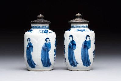 A pair of Chinese blue and white 'Long Eliza' miniature vases and wooden covers, Kangxi