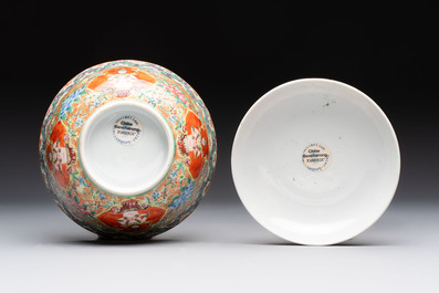 A rare Chinese polychrome orange-ground Bencharong 'Thepphanom' bowl and cover for the Thai market, 19th C.