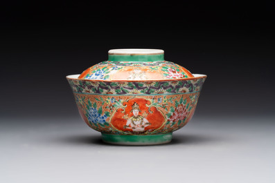 A rare Chinese polychrome orange-ground Bencharong 'Thepphanom' bowl and cover for the Thai market, 19th C.