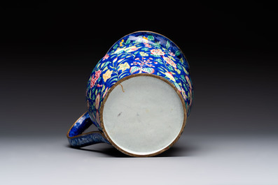 A Chinese Canton enamel blue-ground jug and a rare pink-ground ewer, Qianlong/Jiaqing