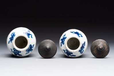 A pair of Chinese blue and white 'Long Eliza' miniature vases and wooden covers, Kangxi