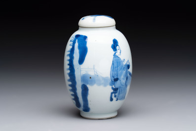 A Chinese blue and white 'ladies playing go' tea caddy and cover, Kangxi