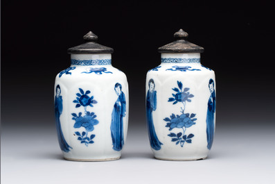 A pair of Chinese blue and white 'Long Eliza' miniature vases and wooden covers, Kangxi