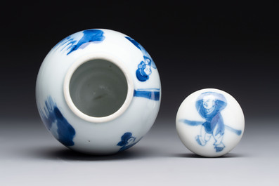 A Chinese blue and white 'ladies playing go' tea caddy and cover, Kangxi