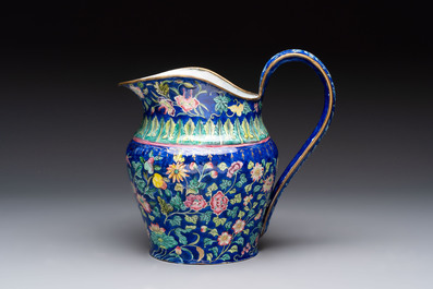 A Chinese Canton enamel blue-ground jug and a rare pink-ground ewer, Qianlong/Jiaqing