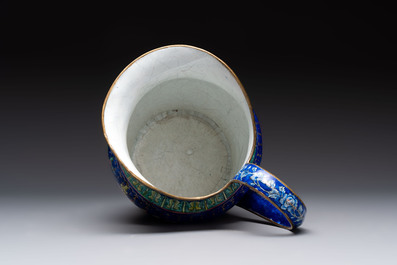A Chinese Canton enamel blue-ground jug and a rare pink-ground ewer, Qianlong/Jiaqing