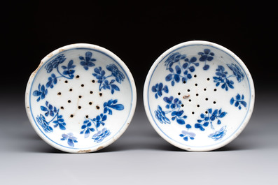 A pair of rare Chinese blue and white sanders with antiquities and floral design, Kangxi