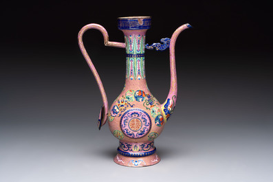 A Chinese Canton enamel blue-ground jug and a rare pink-ground ewer, Qianlong/Jiaqing