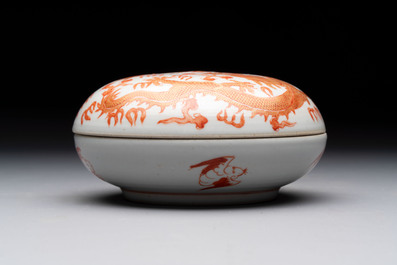 A Chinese gilt and iron-red-decorated 'dragon' covered ink paste box and a famille rose bowl, 19/20th C.