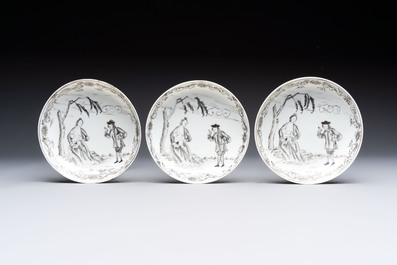 A Chinese grisaille semi-erotic 'La Nourriture' nine-piece tea service, Qianlong