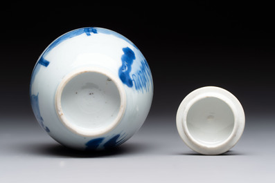 A Chinese blue and white 'ladies playing go' tea caddy and cover, Kangxi