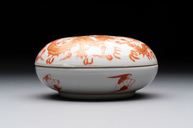 A Chinese gilt and iron-red-decorated 'dragon' covered ink paste box and a famille rose bowl, 19/20th C.
