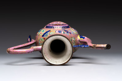A Chinese Canton enamel blue-ground jug and a rare pink-ground ewer, Qianlong/Jiaqing