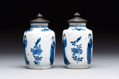 A pair of Chinese blue and white 'Long Eliza' miniature vases and wooden covers, Kangxi