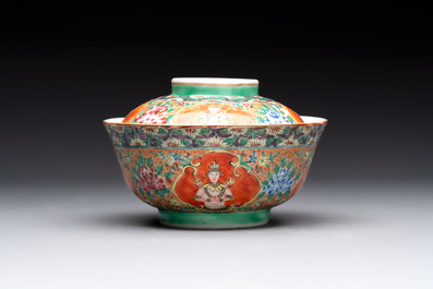 A rare Chinese polychrome orange-ground Bencharong 'Thepphanom' bowl and cover for the Thai market, 19th C.