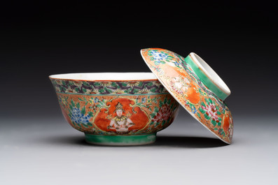 A rare Chinese polychrome orange-ground Bencharong 'Thepphanom' bowl and cover for the Thai market, 19th C.